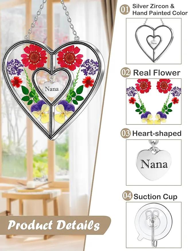 KY&BOSAM Heart Suncatcher Nana Stained Glass Panles Hangings for Windows Ornament Sun Catchers with Pressed Real Flower Heart Embedded in Glass Birthday Gifts for Nana Mother`s Day Home Garden Decor by GreenHaven Gardens