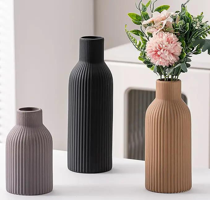 Ceramic Vase Set of 3, Flower Vases for Spring Room Decor, Kitchen Farmhouse, Modern Boho Style(Khaki/Black/Grey) by GreenHaven Gardens
