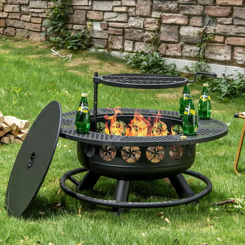 Fire Pit with Cooking Grill,Outdoor Wood Burning BBQ Firepit with Lid, 3-in-1 Outdoor Fire Pit for Backyard Deck Bonfire Patio Picnic by GreenHaven Gardens