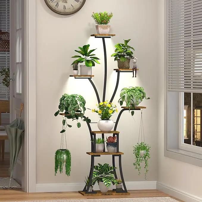 64" Tall 8 Tiered Plant Stand Indoor with Grow lights Large Tree Shape Decorative Rack Plant Pot Holder Gardening for Living Room Corner Black by GreenHaven Gardens