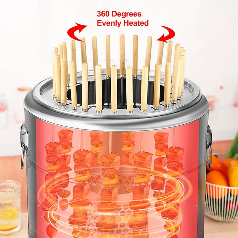 Portable Smokeless Barbecue Charcoal Barrel Grill, Stainless Steel Surround Charcoal kebab Grill with 28 Skewers and BBQ Grill Cooking Grate, Diameter 15.4 inch by GreenHaven Gardens