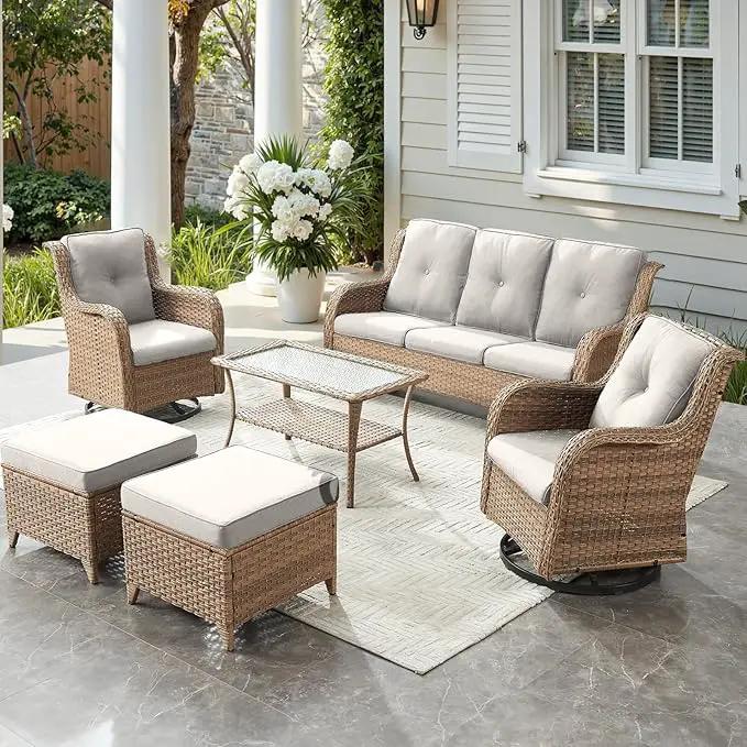 Outdoor Wicker Patio Furniture Set - 6 Piece Rattan Patio Conversation Set with 2 Rocking Swivel Chairs,2 Ottomans,1 Sofa and 1 Coffee Table for Porch Deck Backyard Garden(Yellow/Beige) by GreenHaven Gardens