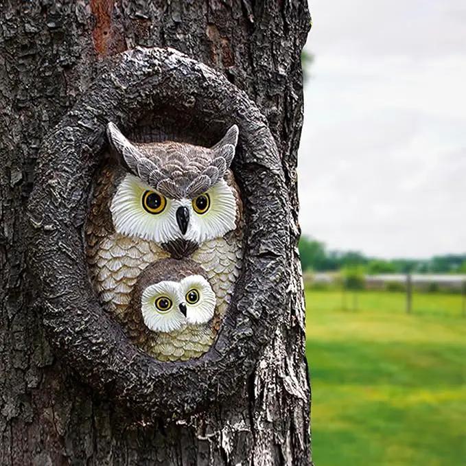 Owl Mom and Owlet Tree Hugger, Outdoor Garden Sculpture Tree Faces, Owl Bird Garden Resin Statue, Tree Peeker Ornament, Durable & Waterproof, Decorations Gardening Presents for Housewarming Birthday by GreenHaven Gardens