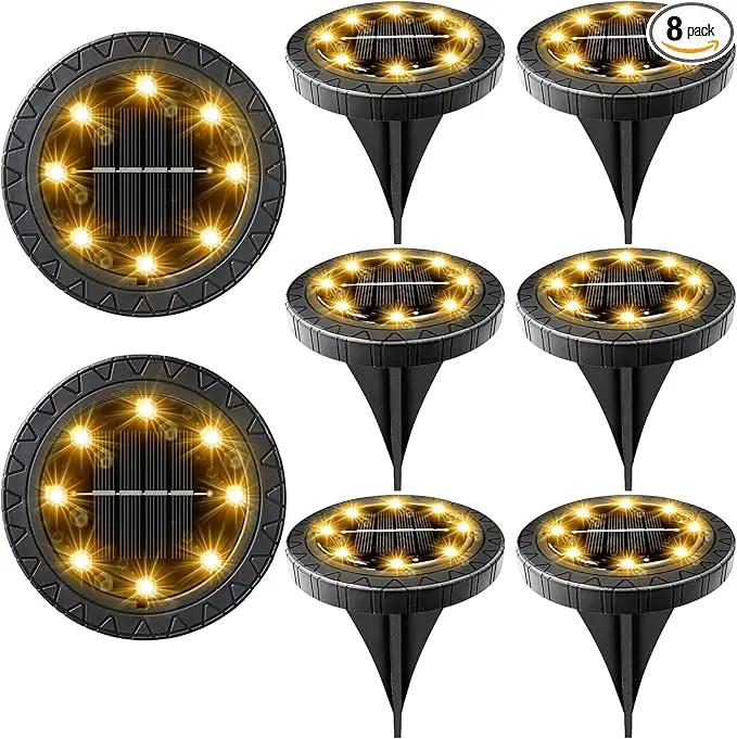 Solar Powered 8 Pack Outdoor LED Disk Lights - IP68 Waterproof, Non-Slip, Wear-Resistant Pathway Lights (Warm White) by GreenHaven Gardens