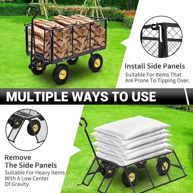 Heavy Duty Steel Garden Cart, 1100LBS Pullable Metal Garden Wagon with 10" Wheels, 180° Rotating Handle and Removable Sides for Outdoor, Farm, Yard, Beach by GreenHaven Gardens