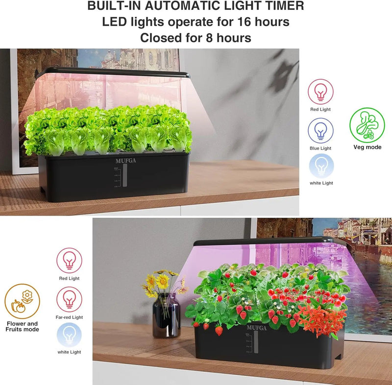 Hydroponics Growing System Herb Garden - MUFGA 18 Pods Indoor Gardening System with LED Grow Light, Plants Germination Kit(No Seeds) with Pump System, Adjustable Height Up to 17.7" for Home, Black by GreenHaven Gardens