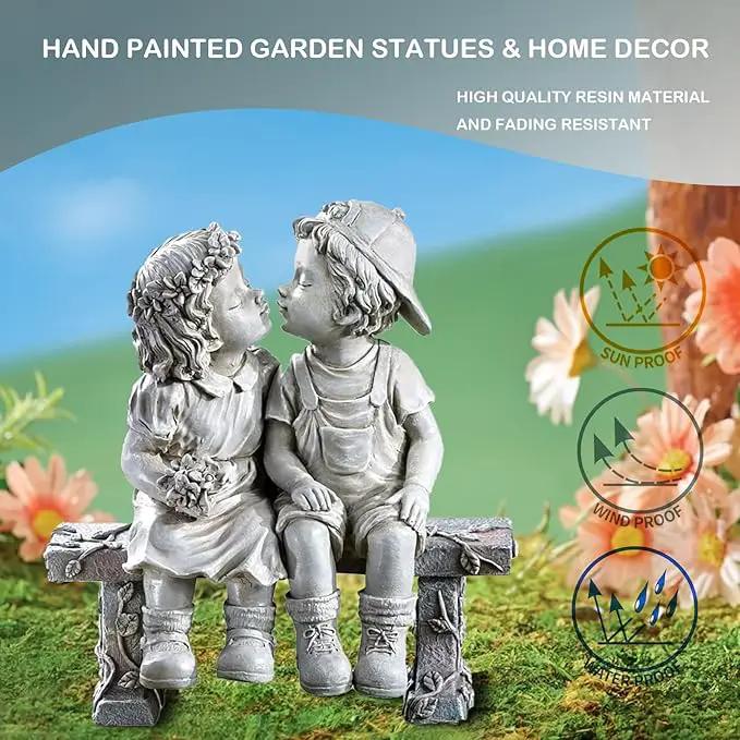 Elenon Garden First Kiss Outdoor Statue Decorative, Flower Bed Decor Boy and Girl Garden Statues, Couple Puppy Love Garden Sculpture for Yard Patio Art Decoration by GreenHaven Gardens