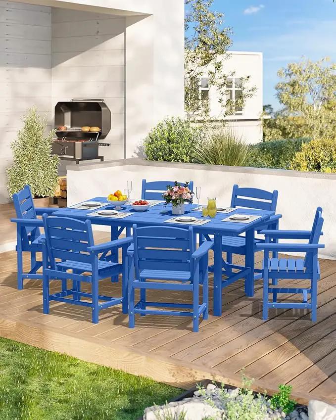 Patio Dining Set for 6 with Umbrella Hole - 66" Outdoor Table & 6 Chairs, All-Weather HDPE Outdoor Furniture for Lawn, Garden, Backyard, Poolside, Navy by GreenHaven Gardens