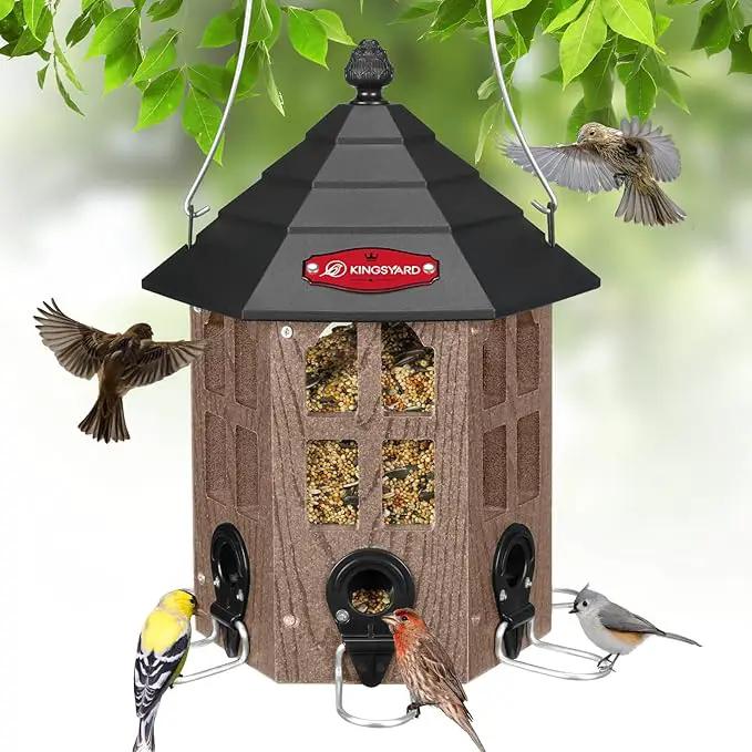 Kingsyard Wild Bird Feeder for Outdoor Hanging, Recycled Plastic Bird Feeders with 6 Ports & U-Shape Perch, Garden Yard Outside Decoration, 3.5 lbs Seed Capacity, Brown by GreenHaven Gardens