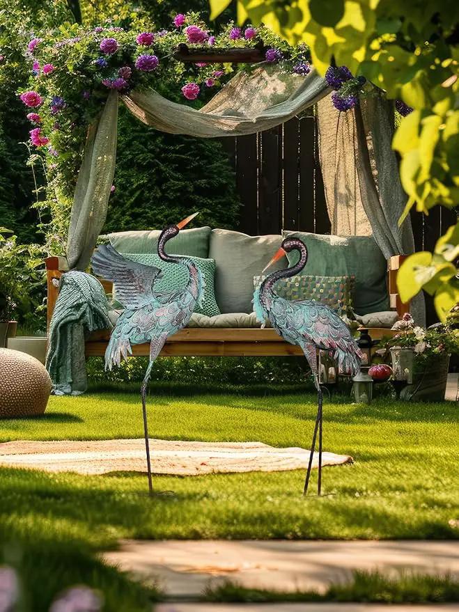 YEAHOME Garden Decor Outdoor Statues, 38"/36" Large Metal Heron Standing Yard Art, Blue Crane Lawn Sculptures Garden Decor for Outside Patio Porch Backyard, Set of 2 by GreenHaven Gardens