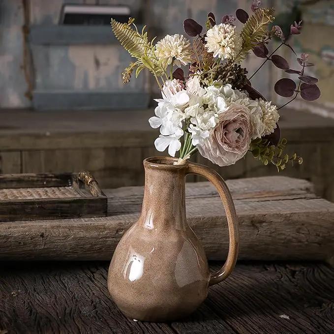 Brown Ceramic Vase with Big Handles, Modern Farmhouse Decor, Rustic Pottery for Flowers, Decorative Terracotta Centerpiece for Dining Table by GreenHaven Gardens