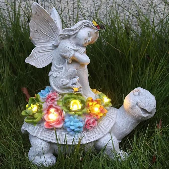 Garden Statues Outdoor Decorations Solar Turtle Angels Decor with Succulents LED Lights Garden Ornaments Figurines for Patio Yard Lawn Gifts for Women Grandma by GreenHaven Gardens