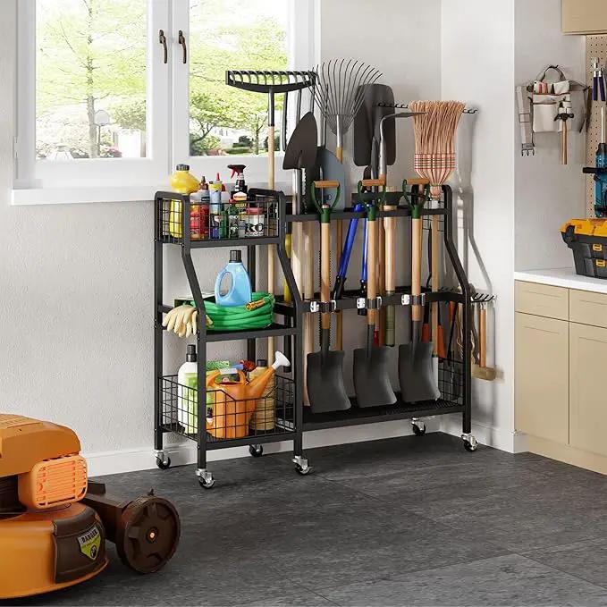 keomaisyto Garden Tool Organizer with 6 Wheels(3 lockable), Heavy Duty Yard Tool organizer with 2 Basket, Large Metal Garage Tool Organization and Storage for Garage/Shed/Yard/Broom Closet/Lawn by GreenHaven Gardens
