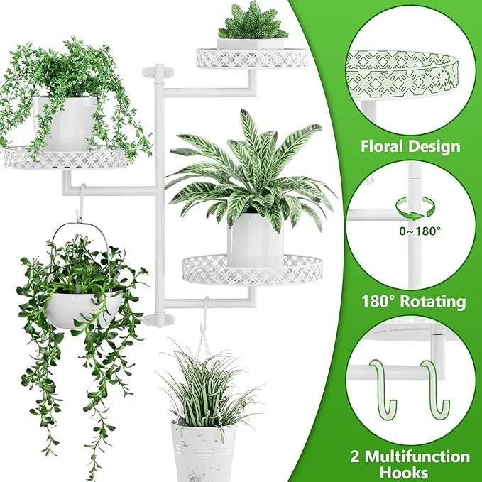 OVICAR Rotating Window Plant Shelves - Indoor Wall Plant Stand 3-Tier Floral Metal Window Shelf Holder for Multiple Plants with Hanging Hooks Home Decor White by GreenHaven Gardens