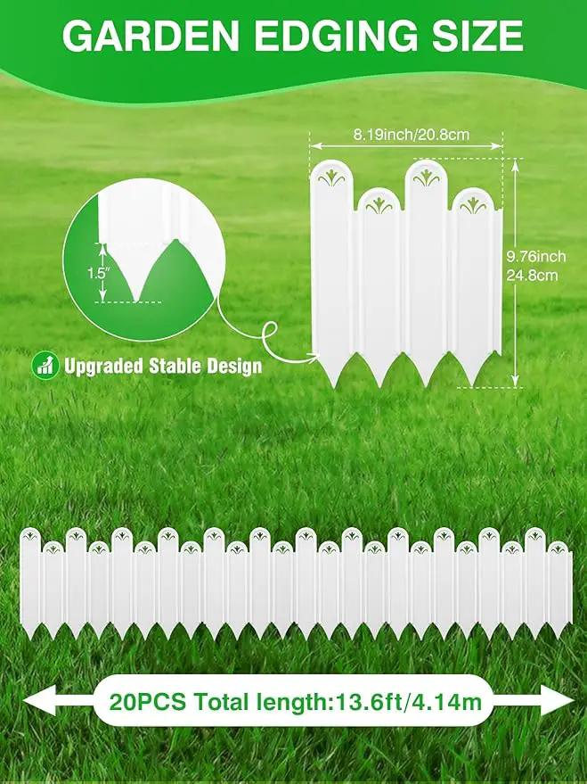 20PCS White Garden Edging Borders, 9.76" H Plastic Fences Edging with Hammmer Shovel Gloves, 13.6Ft Decorative Interlocking Landscape Edging, Flexible Flower Bed Border for Patio by GreenHaven Gardens