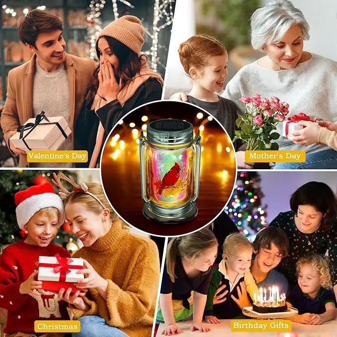 Outdoor Solar Cardinal Lantern-2 Pack Garden Hanging Red Bird Lanterns, Gifts for Mom Women Grandma,Silver Glass Mason Jars,Waterproof LED Decorative Lights for Patio Table Garden Pathway Yard by GreenHaven Gardens