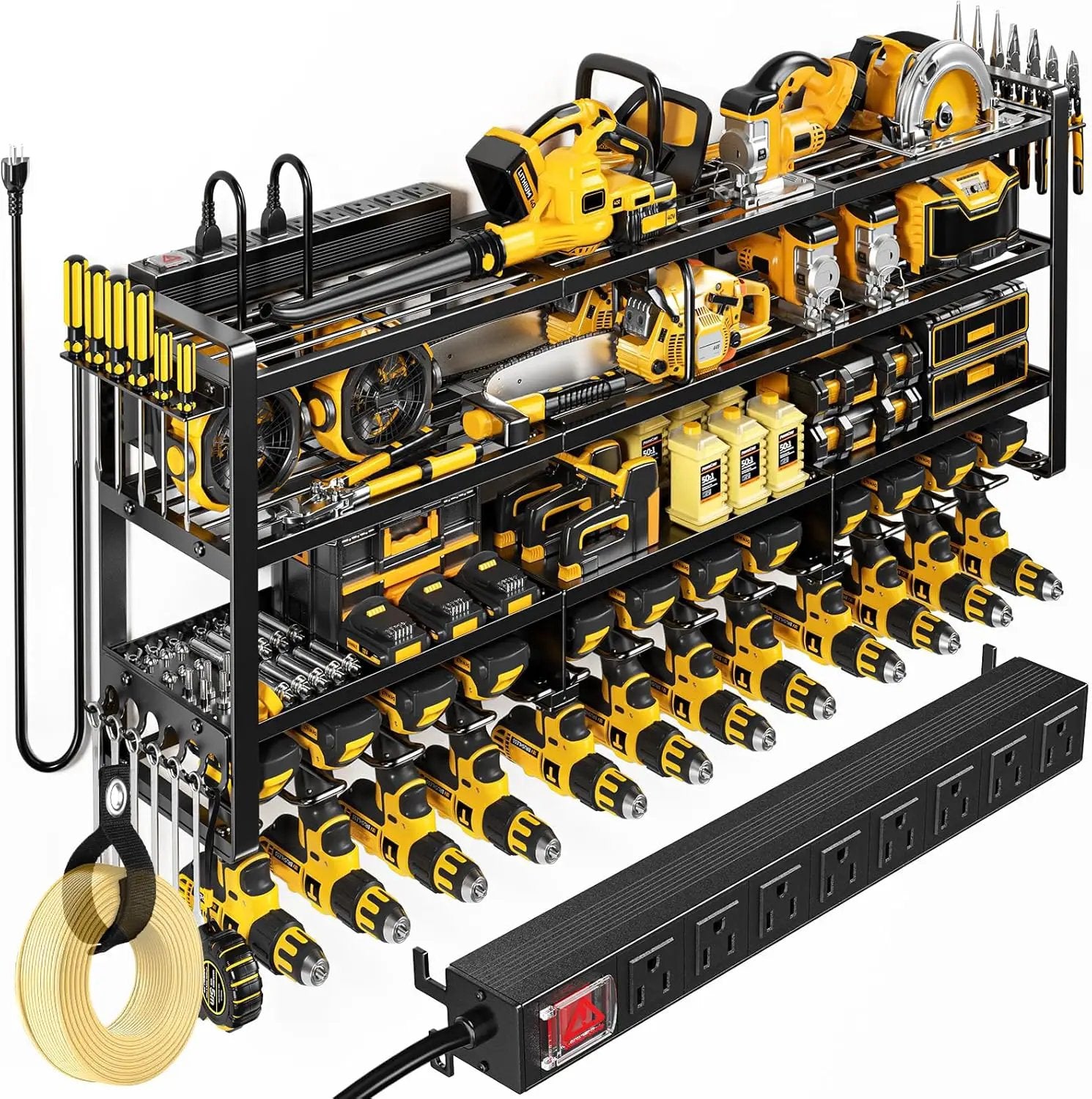 49.5" W Large Power Tool Organizer Wall Mount with Charging Station, 4-Tier Heavy Duty12 Cordless Drills Holder Load 600 lb, Tool Battery Storage Rack Built in 8 Outlet Power Strip for Garage by GreenHaven Gardens