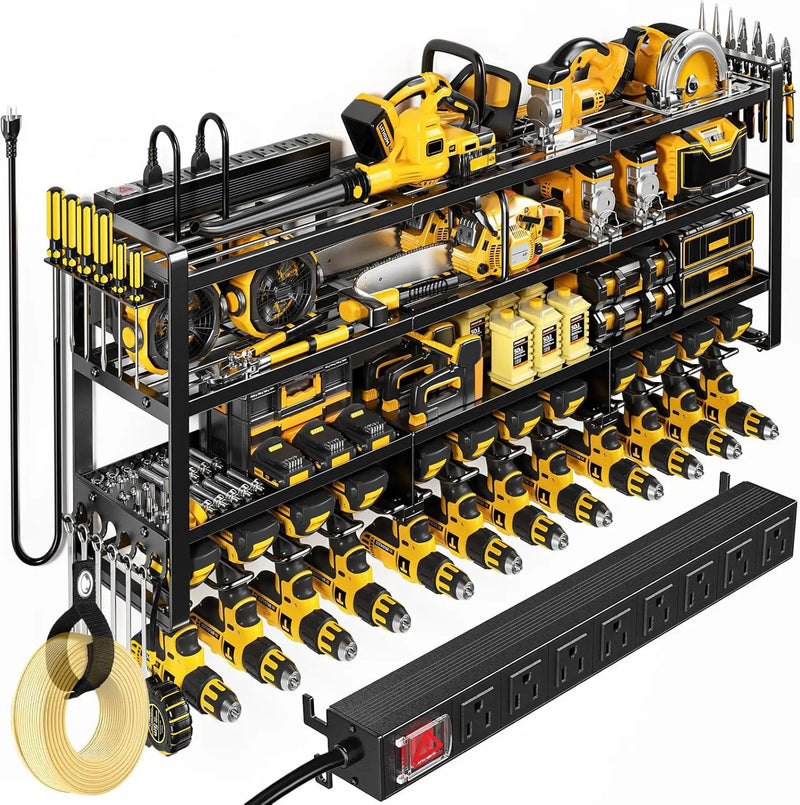 49.5" W Large Power Tool Organizer Wall Mount with Charging Station, 4-Tier Heavy Duty12 Cordless Drills Holder Load 600 lb, Tool Battery Storage Rack Built in 8 Outlet Power Strip for Garage by GreenHaven Gardens