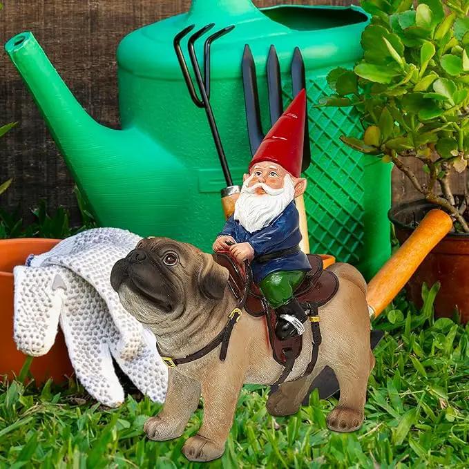 Funny Guy Mugs Garden Gnome Statue - Gnome Riding a Pug - Indoor/Outdoor Garden Gnome Sculpture for Patio, Yard or Lawn by GreenHaven Gardens