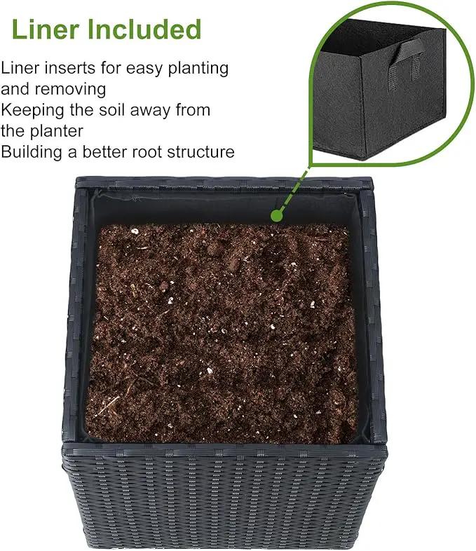 LEWIS&WAYNE Large Square Planter Box Handmade Wicker Tall Planters for Outdoor Plants with Removable Liners Modern Planter for Indoor Outdoor Garden Patio Front Porch - Black, 17''x17''x18'' by GreenHaven Gardens