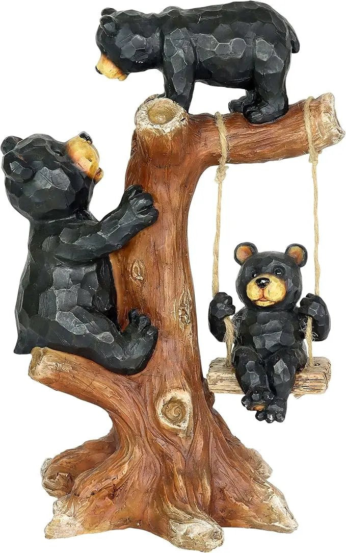 Exhart Garden Sculpture, Bear Family Tree Garden Statue with Real Swing, Outdoor Lawn and Yard Art Decoration, 9 x 6.5 x 14 Inch by GreenHaven Gardens