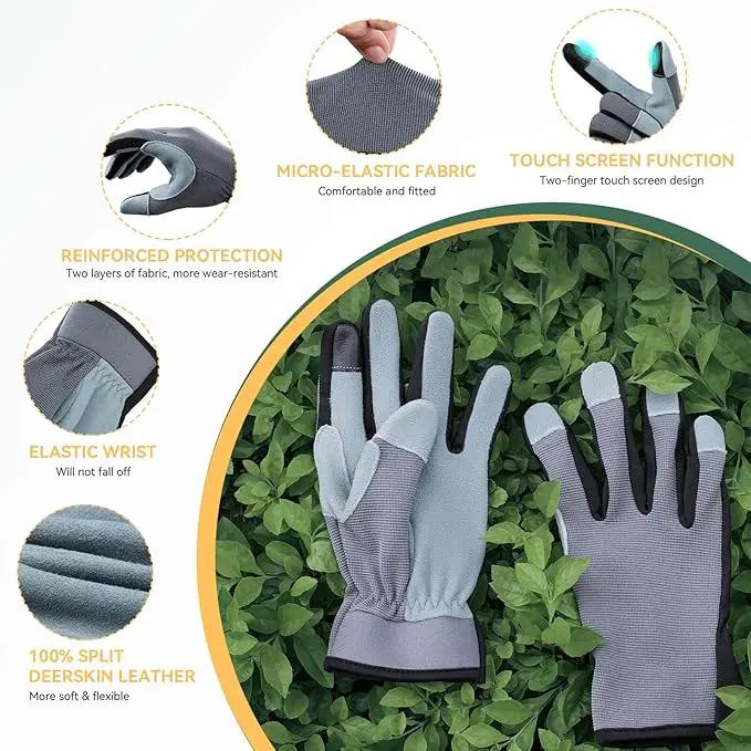 OZERO Women Leather Work Gloves: Touch Screen | Deerskin Garden Gloves with Grip | Ideal for Yard Work, Daily Tasks, Driving by GreenHaven Gardens
