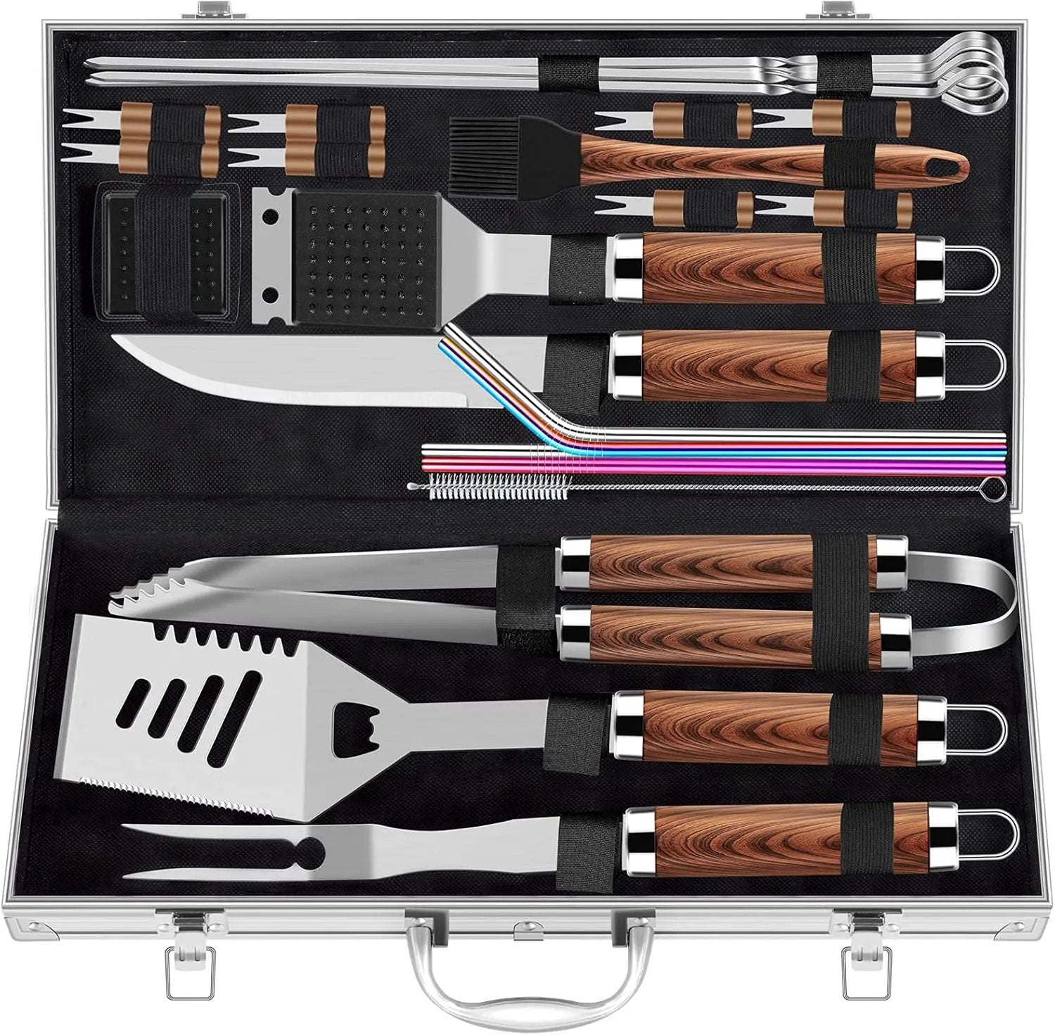 ROMANTICIST 25pcs Extra Thick BBQ Grill Accessories, Fathers Day Grilling Gifts Set for Men Dad, Heavy Duty Grill Tools Utensils Kit with Spatula, Tongs in Aluminum Case for Birthday Brown by GreenHaven Gardens