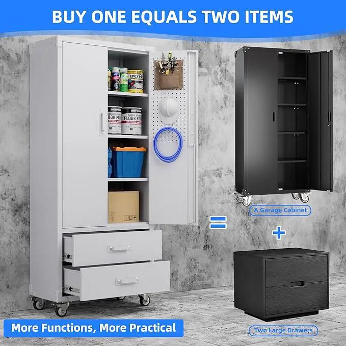 Upgraded Metal Garage Storage Cabinet with Wheels and 2 Drawers, Rolling Tool Cabinet with 3 Shelves and Pegboard Behind The Door for Home Office Garage,Assembly Required,White by GreenHaven Gardens