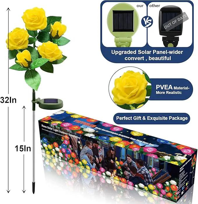 Solar Flower Lights Outdoor - Upgraded New Material Two Modes Realistic LED Solar Powered Waterproof Lights with 5 Roses, Solar Decorative Stake Lights for Garden (Yellow, 2 Pack) by GreenHaven Gardens