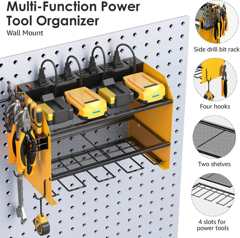 CCCEI Modular Power Tool Organizer Wall Mount with Charging Station. Garage 4 Drill Storage Shelf with Hooks, Screwdriver, Drill Bit Heavy Duty Rack, Tool Battery Holder Built in 8 Outlet Power Strip. by GreenHaven Gardens