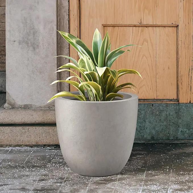 Kante 14 Inch Dia Round Concrete Planter, Indoor Outdoor Large Plant Pot with Drainage Hole and Rubber Plug for Home Patio Garden, Weathered Concrete by GreenHaven Gardens
