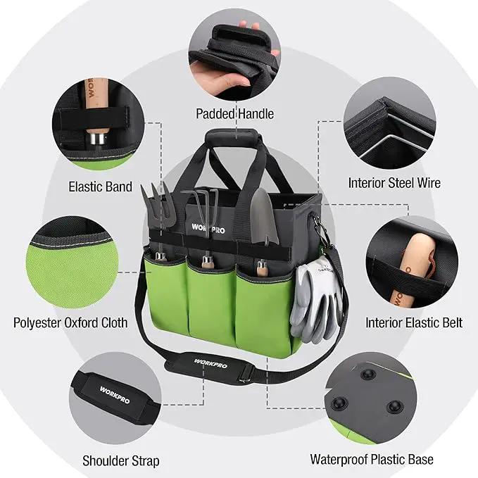 WORKPRO Garden Tool Bag Organizer, Heavy Duty Gardening Tote Bag with 10 Pockets and Long Adjustable Shoulder Strap, Standable Garden Home Tool Kits Organizer, Green by GreenHaven Gardens