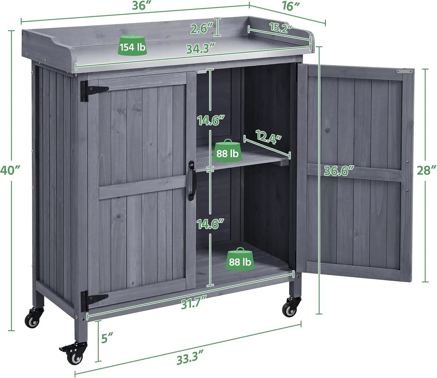 Yaheetech Garden Potting Bench Table, Outdoor Garden Horticultural Wooden Storage Cabinet & Solid Wood Planting Work Bench with Large Space Storage & Metal-Plated Tabletop, Gray by GreenHaven Gardens