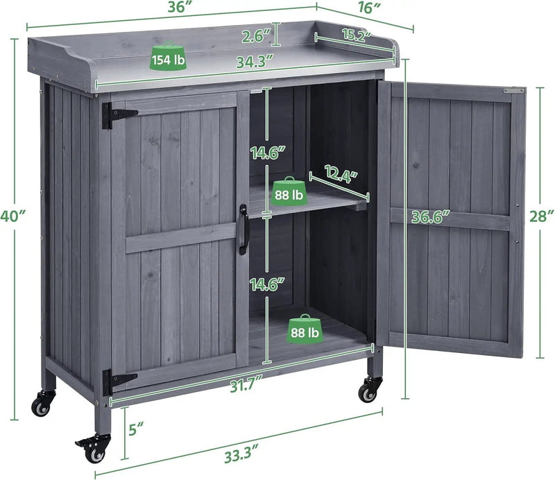 Yaheetech Garden Potting Bench Table, Outdoor Garden Horticultural Wooden Storage Cabinet & Solid Wood Planting Work Bench with Large Space Storage & Metal-Plated Tabletop, Gray by GreenHaven Gardens