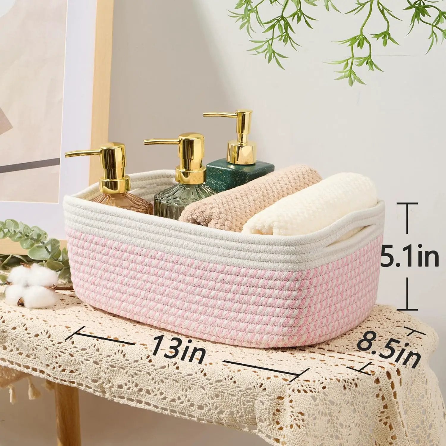 Small Storage Baskets for Organizing | Closet Organizer Bins | Shelf Toy Basket | Woven Rope Baskets | Cube Decorative Box | Shallow Basket | 13x8.5x5.1” | 4 Packs White Pink by GreenHaven Gardens