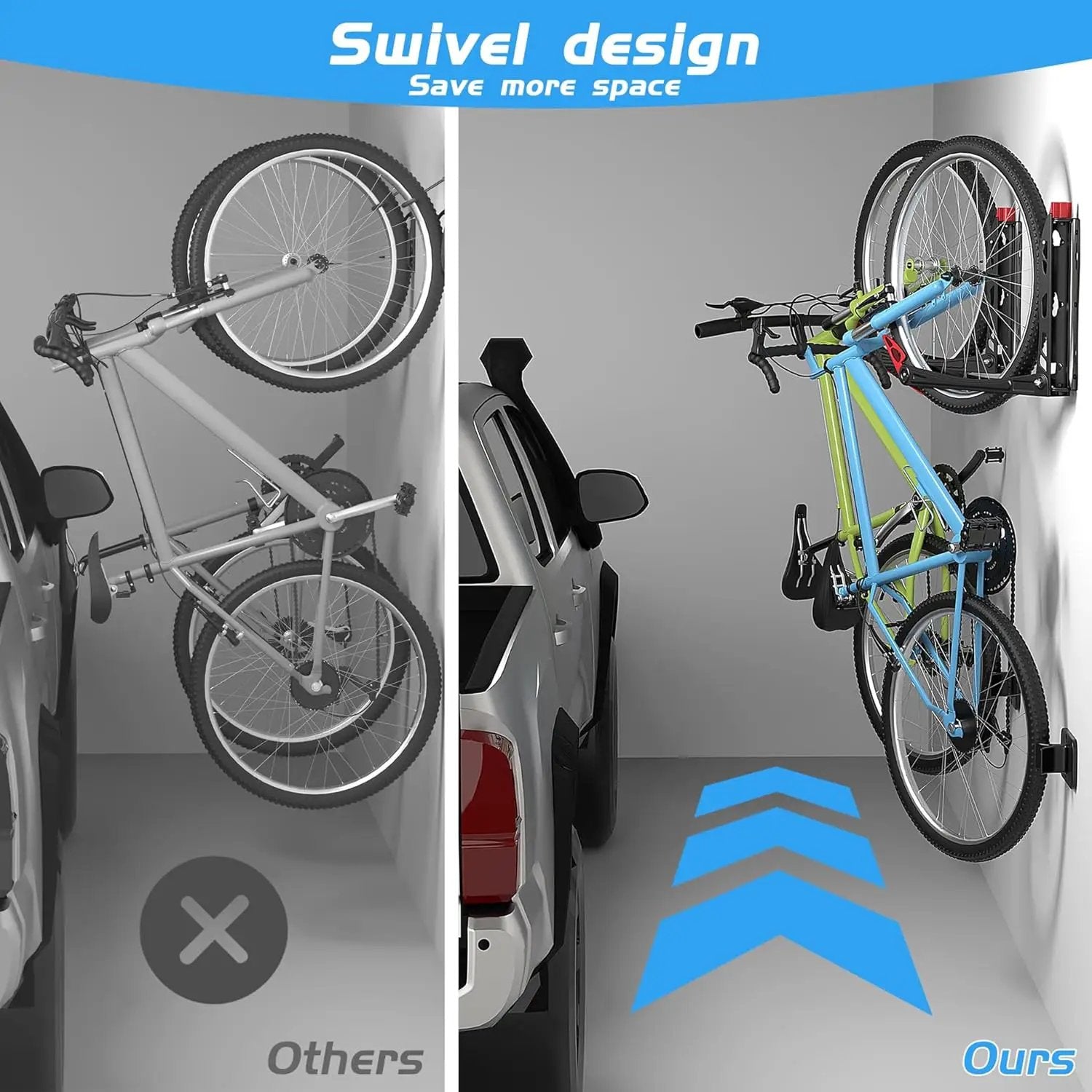 WALMANN BIKEPAL No Lifting Wall Mount Swivel Bike Rack, Vertical Bike Wall Hangers for Garage Space Saving Bike Storage Solution(2 Pack) by GreenHaven Gardens