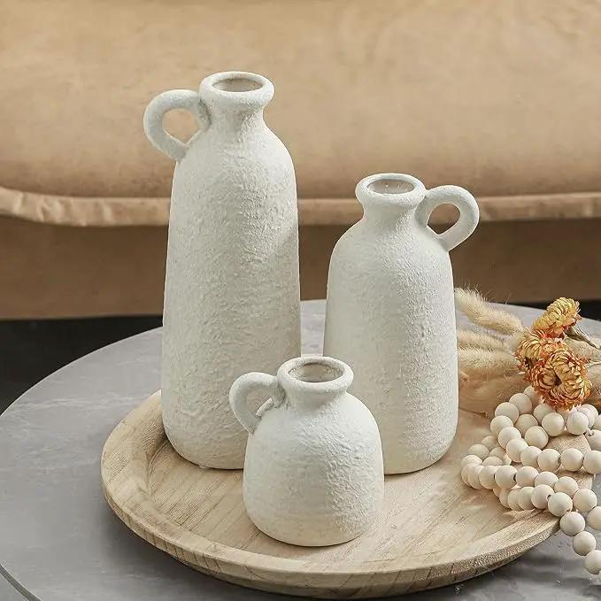 Ceramic Vase Set of 3 with Handle, Neutral Rustic Vases Home Decor Farmhouse Decorative Vase Whitewashed Pottery Decor Modern for Table Mantel Entryway Bookshelf Living Room Kitchen Bedroom - White by GreenHaven Gardens