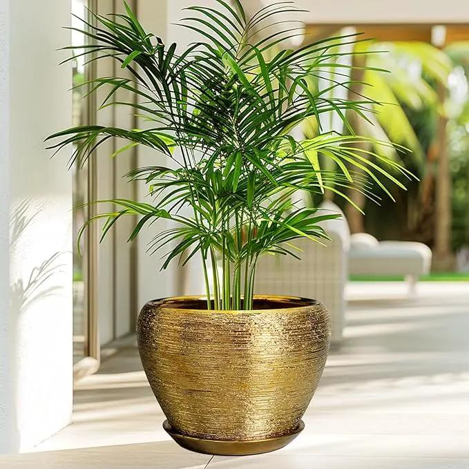 Ceramic Planter 10 Inch - Indoor Plant Pot with Drainage Hole and Saucer Large Decorative Planter Mid-Century Modern Flower Pot Outdoor for Home Decor Gold by GreenHaven Gardens