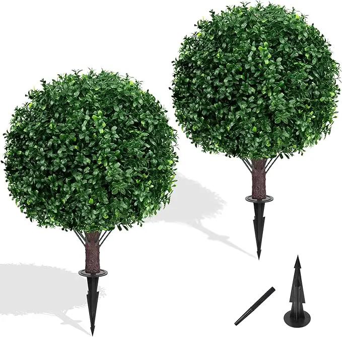 Artificial Boxwood Topiary Ball Tree Set of 2, UV Resistant Artificial Outdoor Shrubs with Spike, Decorative Evergreen Fake Topiary Bushes Plant for Front Porch Garden by GreenHaven Gardens