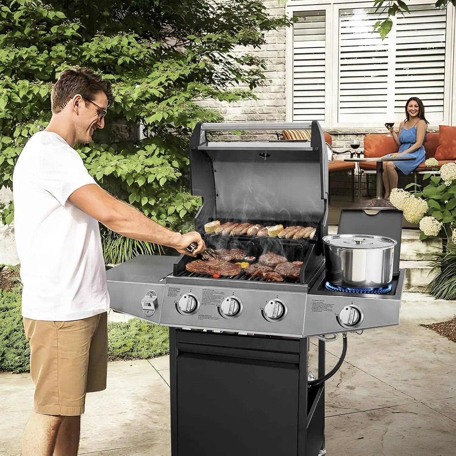 3 Burners Gas Grill with Side Burner, Propane Grill with Wheels and Storage, Outdoor Gas BBQ with Oil Tray and Thermometer for Patio and Party, 37000 BTU by GreenHaven Gardens