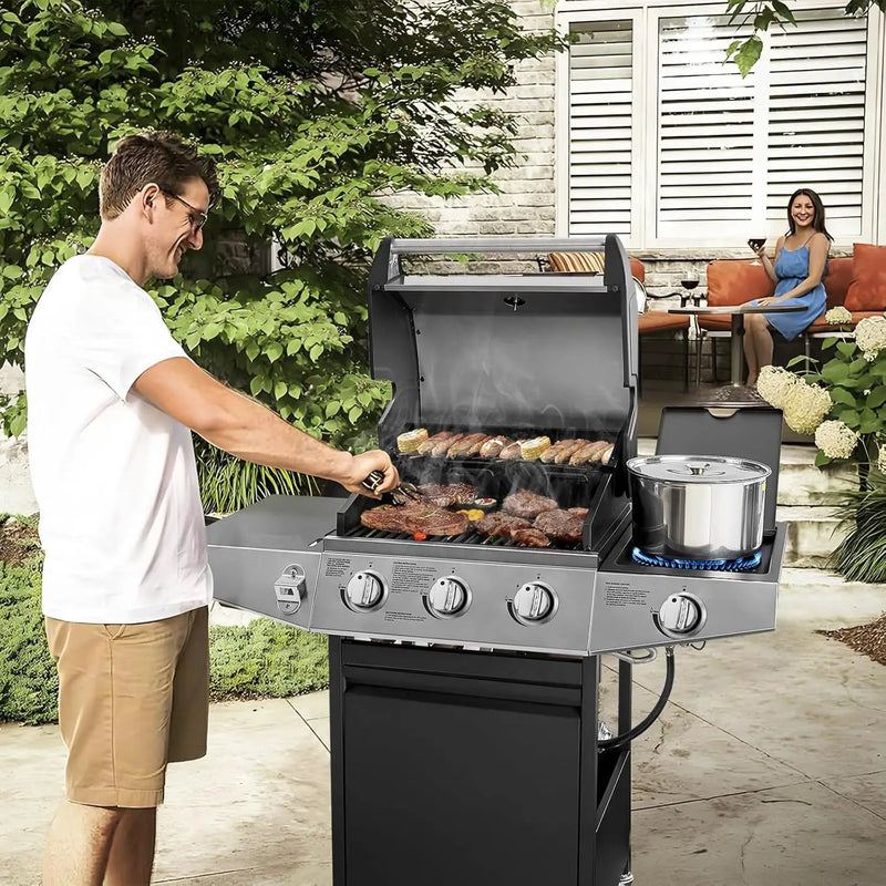 3 Burners Gas Grill with Side Burner, Propane Grill with Wheels and Storage, Outdoor Gas BBQ with Oil Tray and Thermometer for Patio and Party, 37000 BTU by GreenHaven Gardens