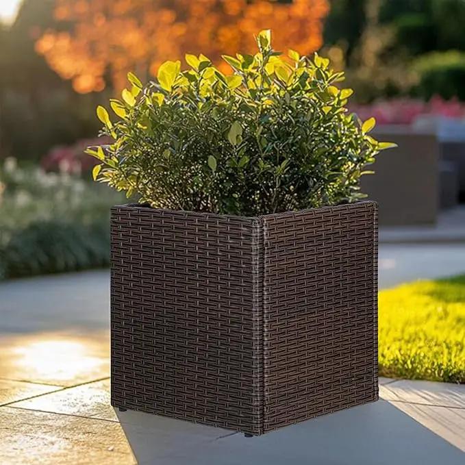 LEWIS&WAYNE Large Square Planter Box Handmade Wicker Tall Planters for Outdoor Plants with Removable Liners Modern Planter for Indoor Outdoor Garden Patio Front Porch - Brown, 17''x17''x18'' by GreenHaven Gardens