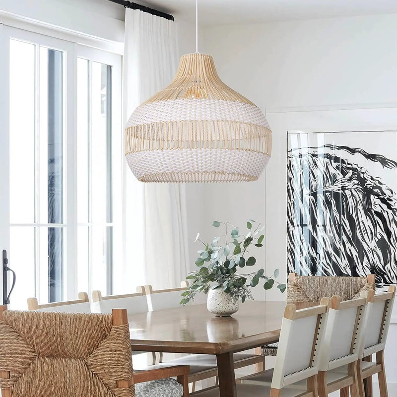 Arturesthome Woven Pendant Light 19.65" White Dining Room Lighting Adjustable Natural Rattan Pendant Lighting with Plastic for Restaurants Sitting Room by GreenHaven Gardens