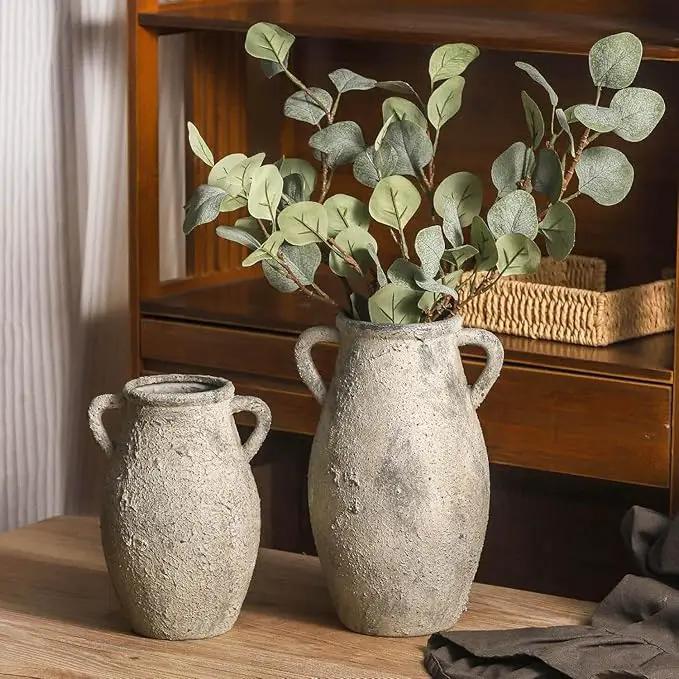 Large Ceramic Rustic Vase,11.3 inch Tall Farmhouse Flower Vase with 2 Handles for Home Decor, Living Room Entryway Table Centerpiece Decor by GreenHaven Gardens