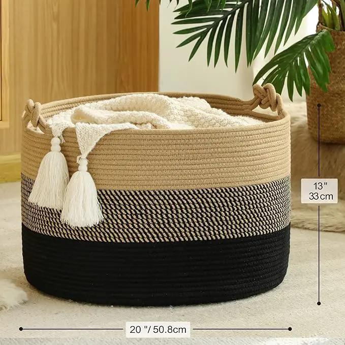 KAKAMAY Large Blanket Basket (20"x13"),Woven Rope Baskets for storage Baby Laundry Hamper, Cotton Rope Blanket Basket for Living Room, Laundry, Nursery, Pillows,Baby Toy chest (Jute/Black) by GreenHaven Gardens