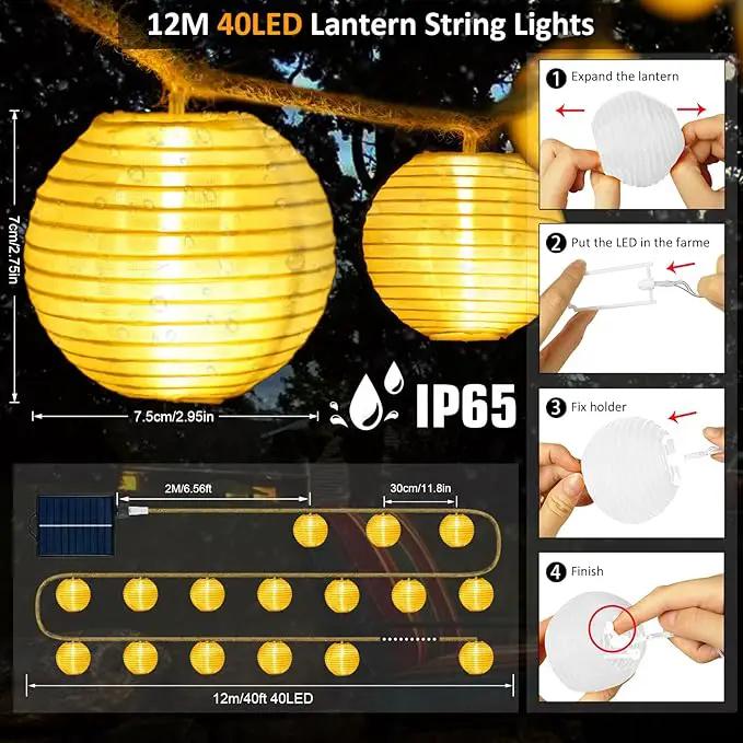 Solar Lantern String Lights Waterproof Outdoor, 40ft 40Led Warm White & Multi-Color Garden Lights Hanging Hemp Rope Nylon Lanterns with Remote, Timer for Yard, Balcony, Fences, Porch, Patio, Party by GreenHaven Gardens