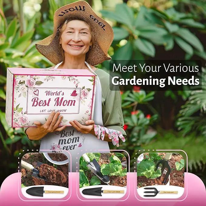 Gifts for Mom,7 Piece Womens Gardening Kit with Pink Gardening Tools,Straw Hat, Floral Gardening Apron and Gloves,Mothers Day Gardening Gifts for Mom Pink by GreenHaven Gardens