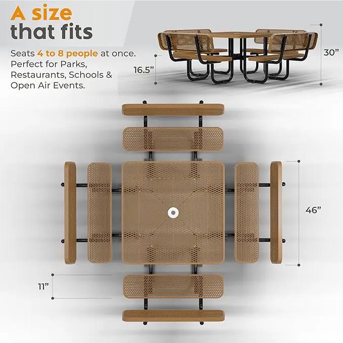 Metal Picnic Tables for Outdoors with Umbrella Hole - Coated Steel Heavy Duty Commercial Grade Table with Adjustable Seats (Brown, 46 in, Square with Back, Expanded Steel) by GreenHaven Gardens