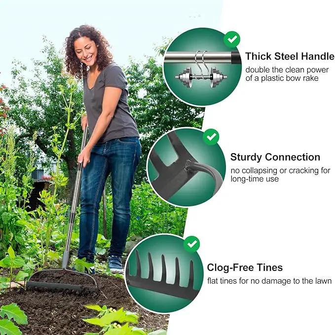 Rake for Leaves, Garden Bow Rake for Lawns Heavy Duty, 5 ft Back-Saving Long Handle, 14 Metal Tines, Yard Gardening Tools for Loosen Soil, Clear Gravel Grass Rock, Level Mulch by GreenHaven Gardens