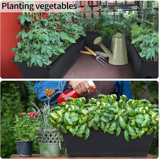 Window Box Planter, 10 Pack Plastic Vegetable Flower Planters Boxes 17 Inches Rectangular Flower Pots with Saucers for Indoor Outdoor Garden, Patio, Home Decor (Black) by GreenHaven Gardens